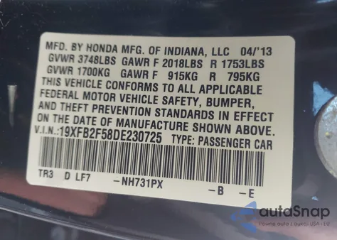 2013 Honda Civic Lx from USA, damaged, VIN 19XFB2F58DE230725
